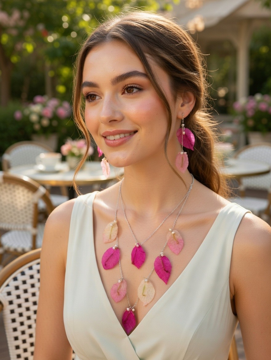 Real Bougainvillea Pink Leaf Necklace Earrings Set Handmade Resin Jewelry Gift