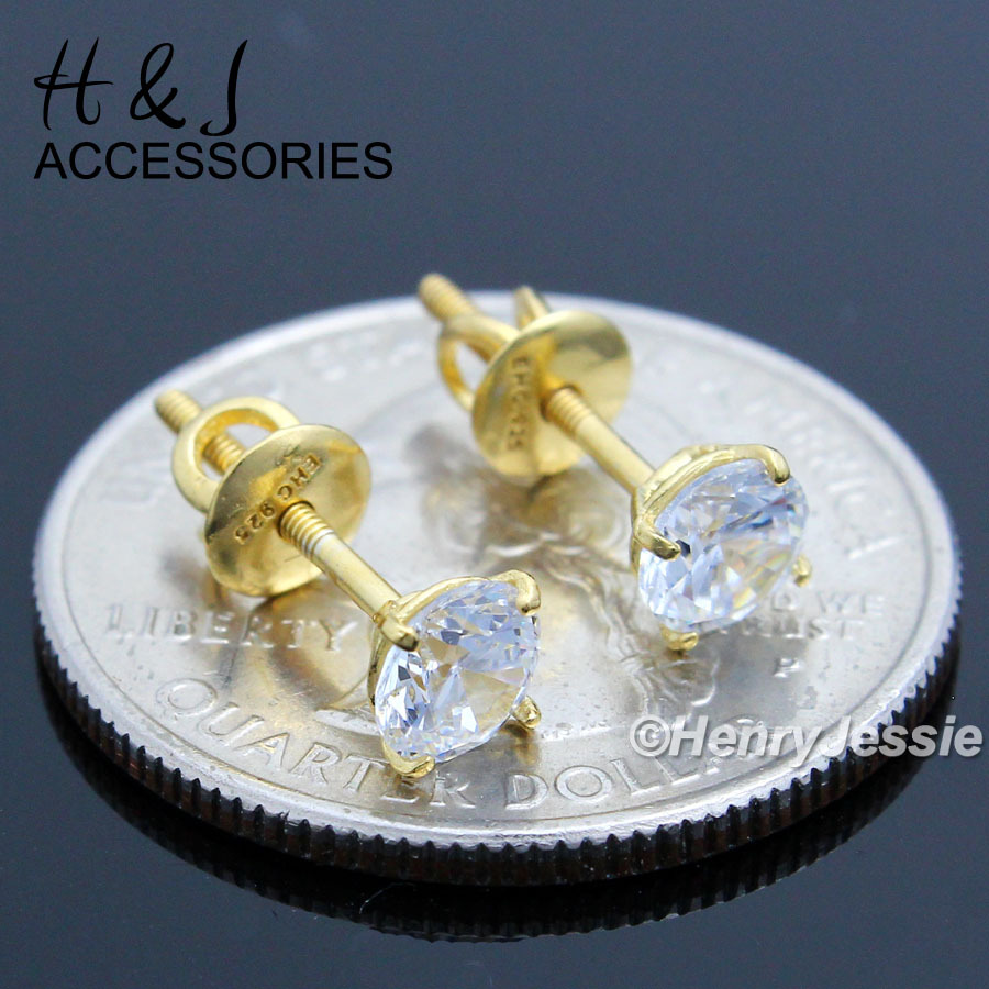 925 STERLING SILVER 5MM ROUND ICY CZ SCREW BACK GOLD PLATED STUD EARRING*E88