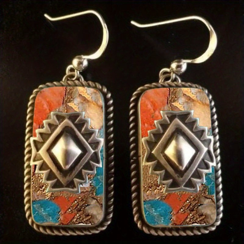 1Pair Navajo Style Southwestern Rectangle Dangle Earrings Boho Inspired Jewelry