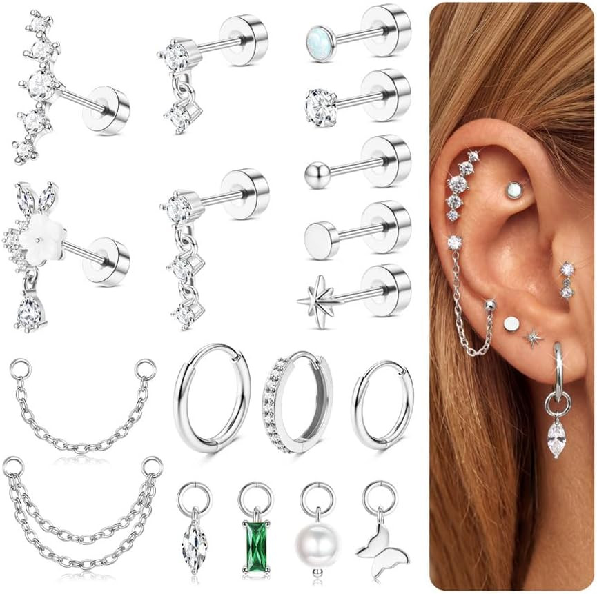 16G Cartilage Earrings for Women – 14K Gold Plated Flat Back Earrings Hypoallerg