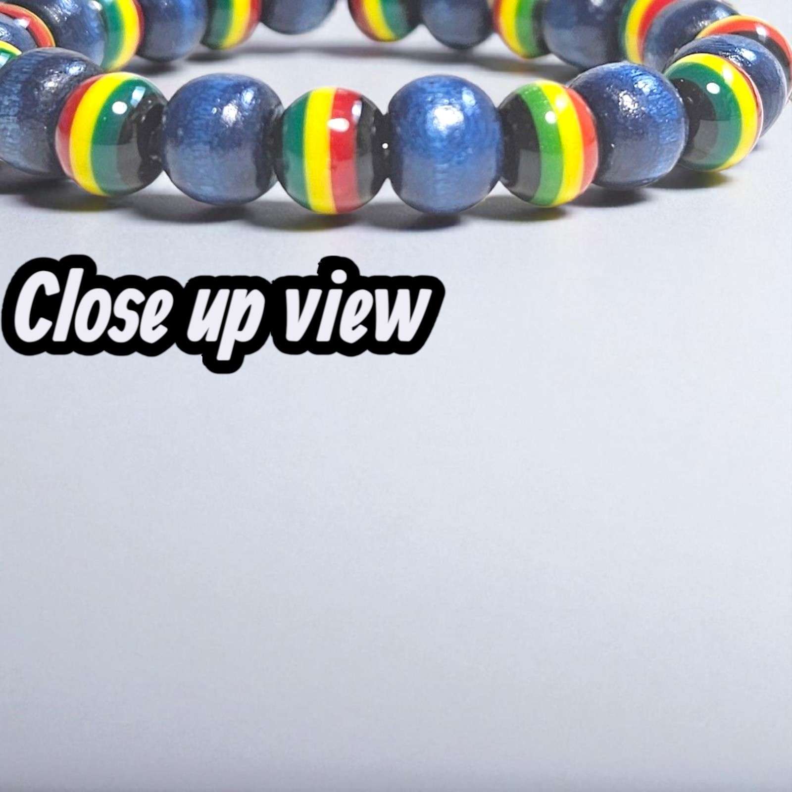 Blue Wood / Rasta Beads Design 8mm Beaded Bracelet Wrist Sz 7.5