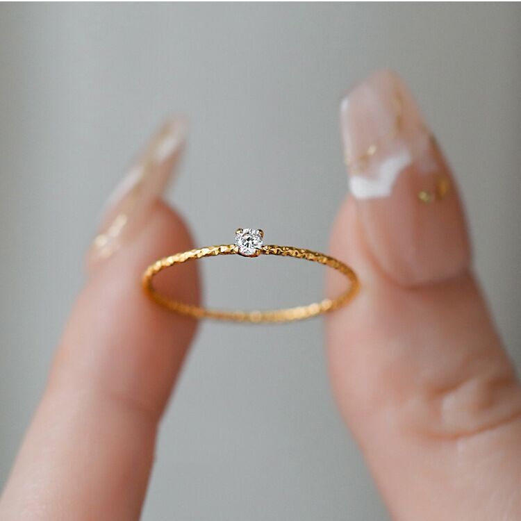 Woman 18k Gold Plated Stainless Steel Starry CZ 1MM Thin Joint Ring Band Ring