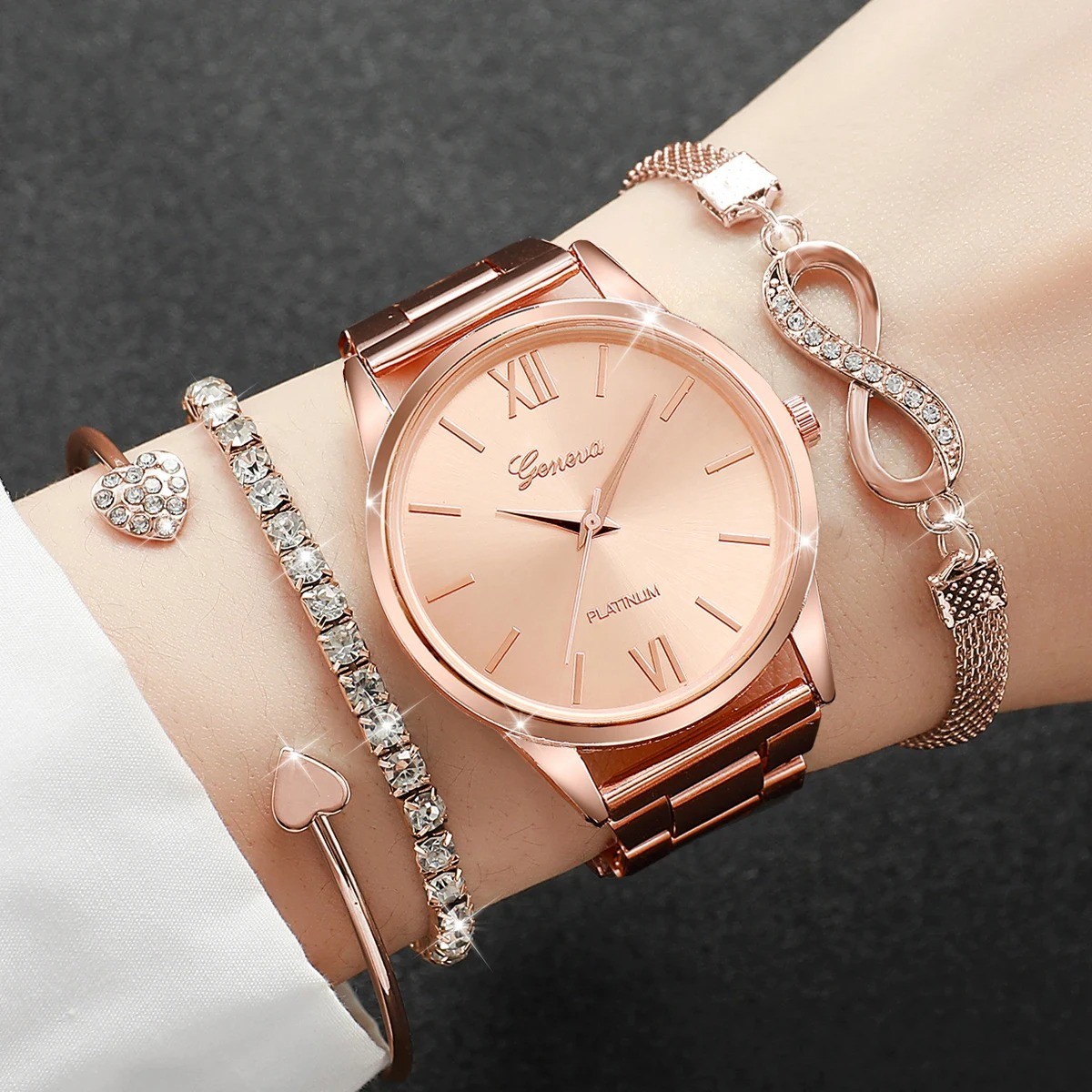 4PCS Women Watch Set Rhinestone Quartz Steel Bracelet Gift Set No Box USA