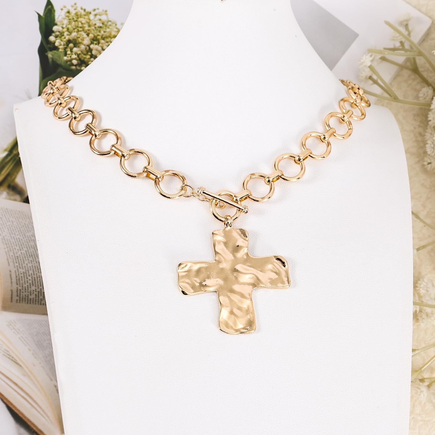 Hammered Cross Necklace, Chunky Statement Gold Cross Chain Necklace Gold Bold Cr