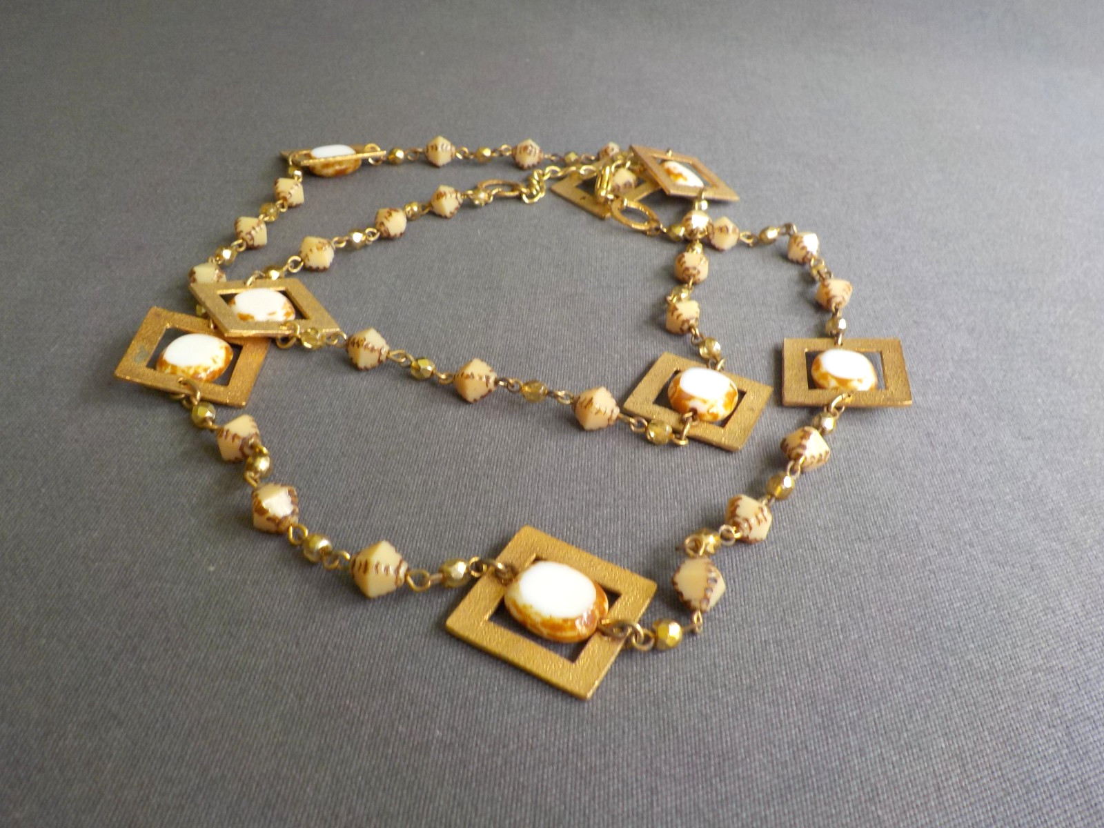 Seasonal Whispers Square Necklace Gold Tone Metal Glass Plastic Bead Linked