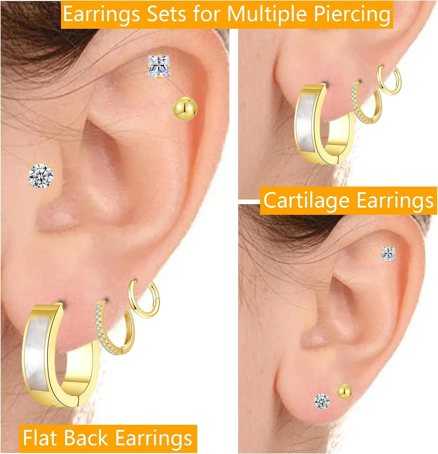 Silver Gold Plated Surgical Steel Flat Back Earrings for Women Hypoallergenic 14