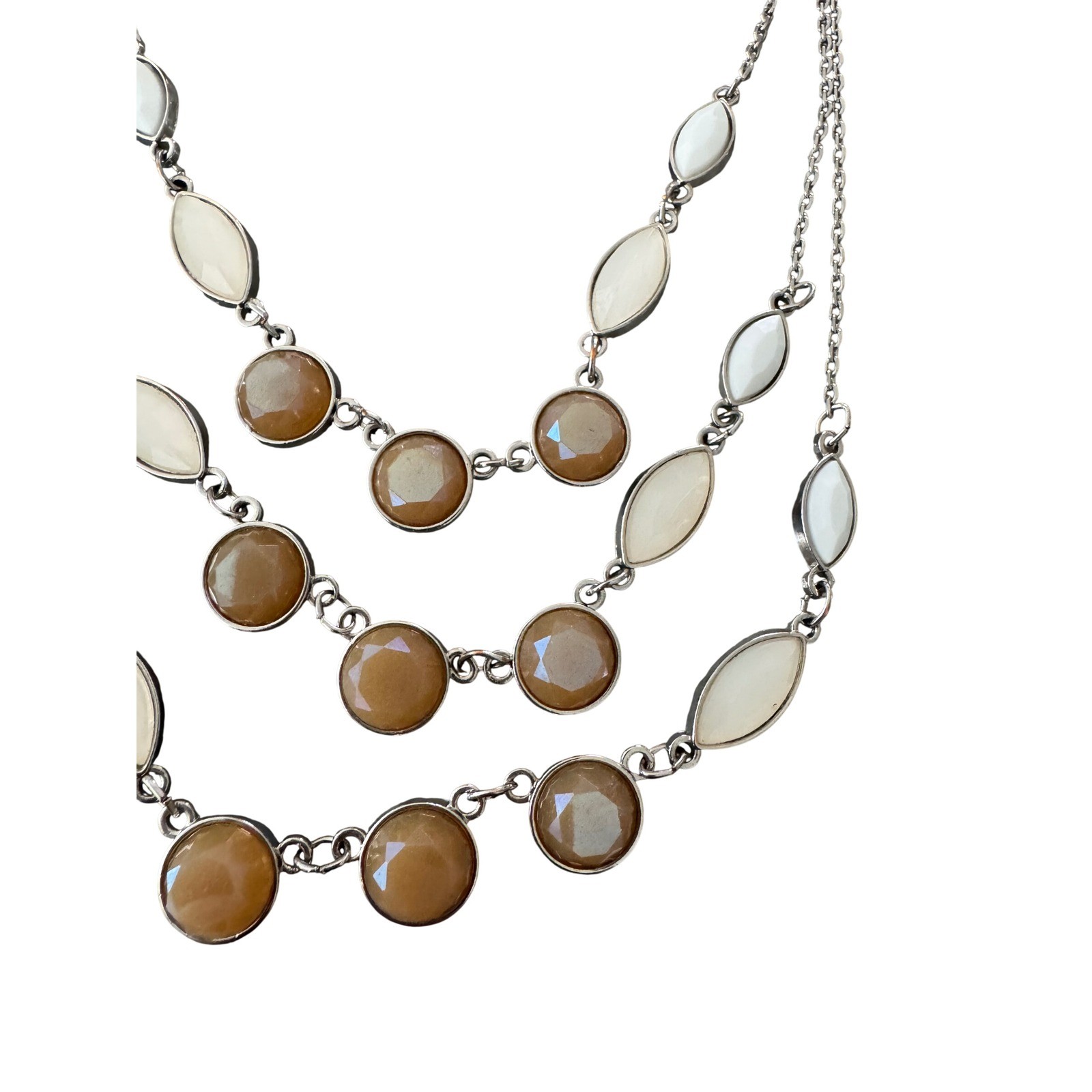 NY New York & Company Silver Tone Layered Necklace Brown Cream Stones 18-20in
