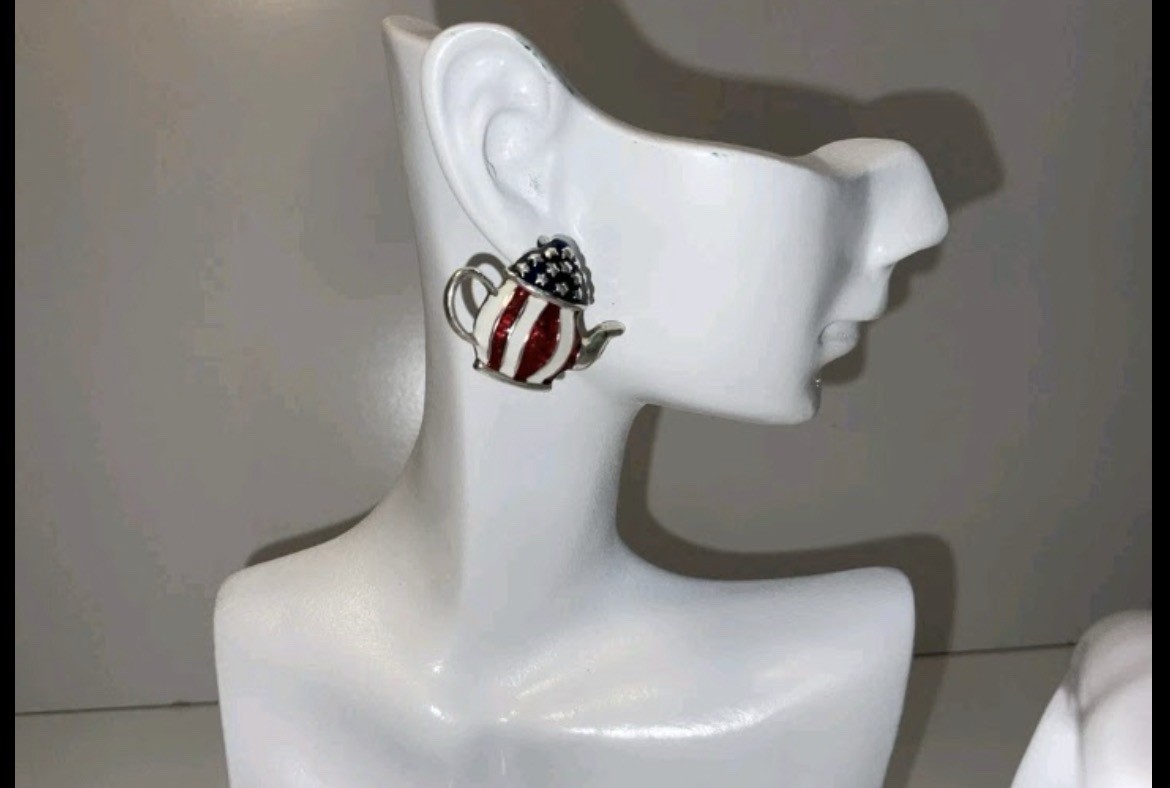 Teapot stud earrings red white blue enamel silver tone nickel free