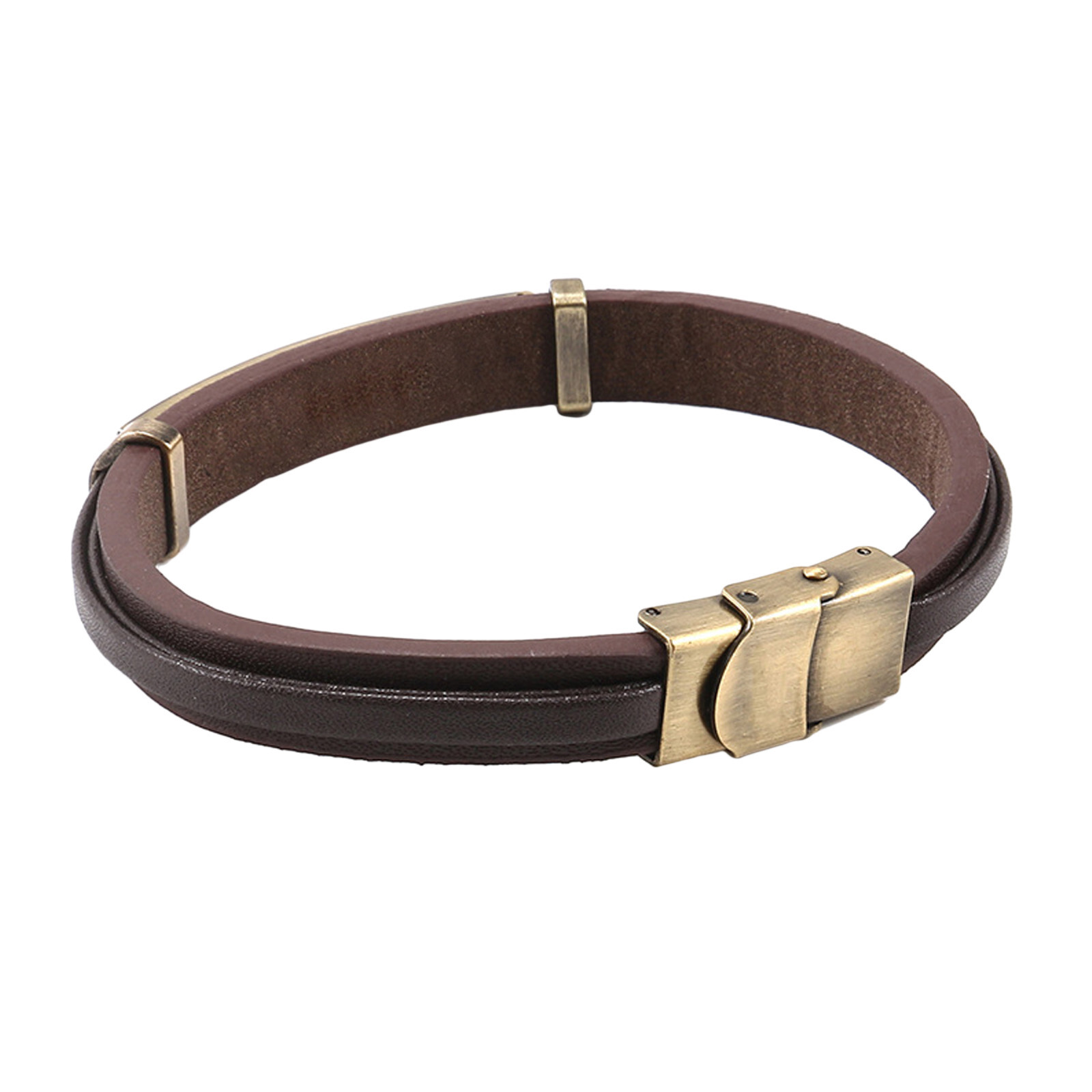 Personalized Engraved Stainless Steel Genuine Leather Bracelet Antique Gold Tone