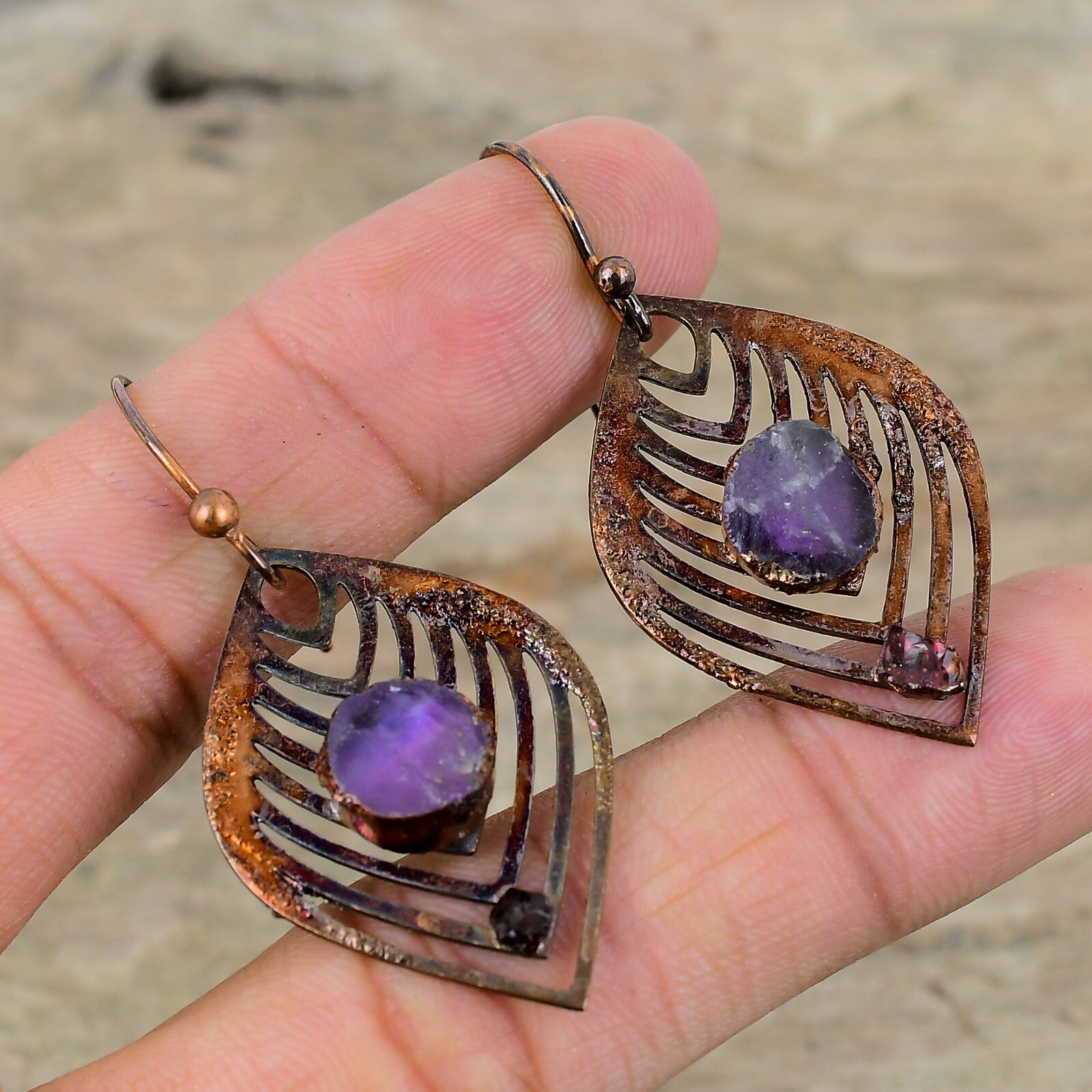 Natural African Amethyst Rough Electroformed Drop Dangle Sister Earrings Copper