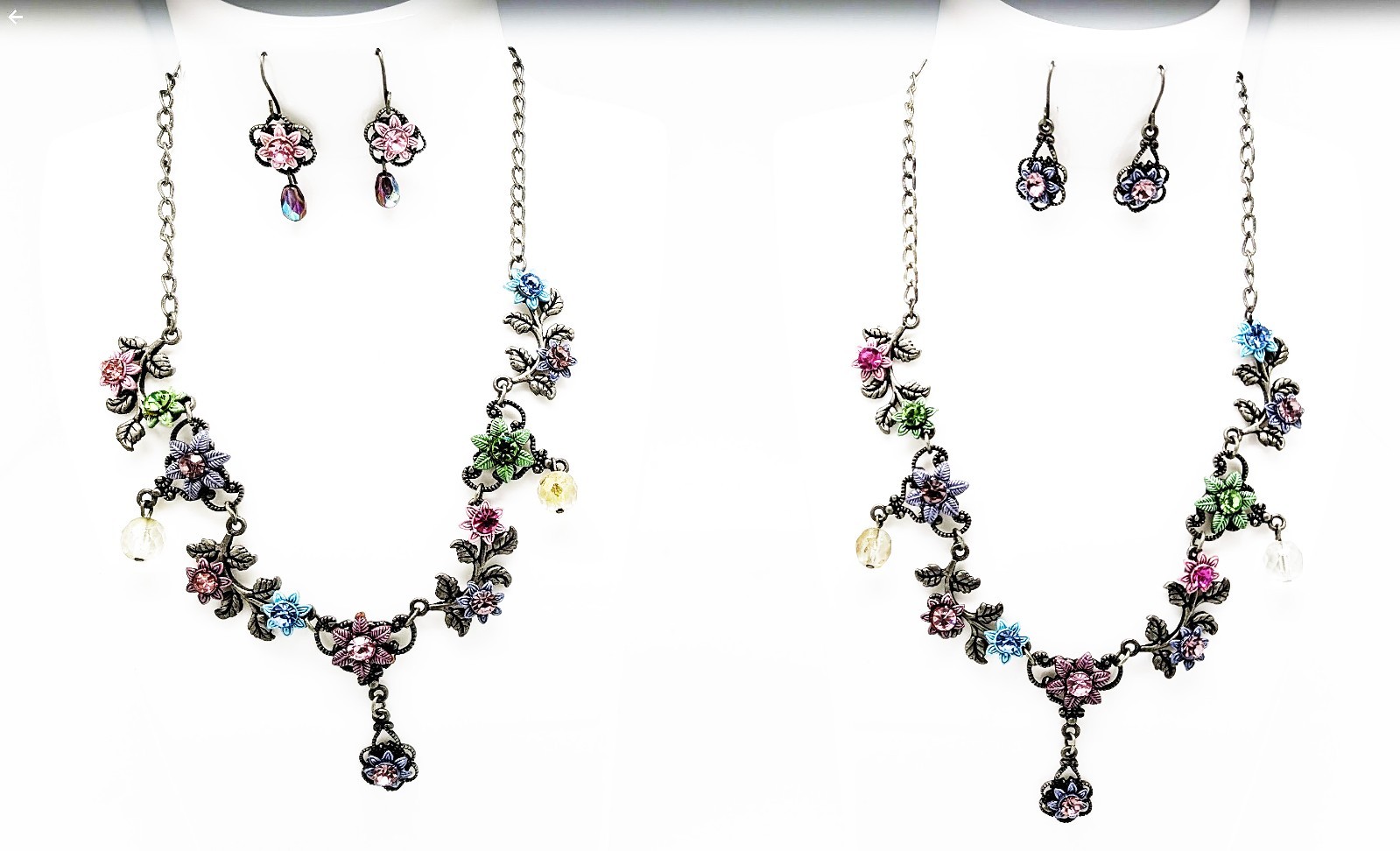 DESIGNER INSPIRED ELITE FILIGREE MULTI CRYSTAL FLORAL ENAMEL SILVER JEWLERY SET