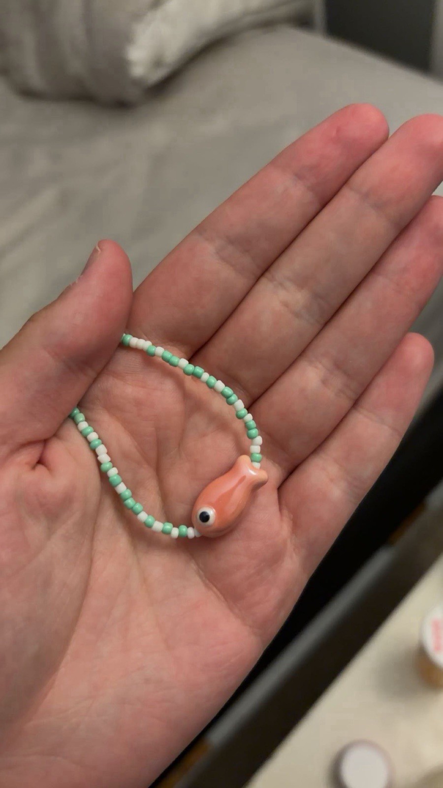 Turquoise Handmade Beaded Necklace Pink Fish Charm Pendant Lobster Clasp