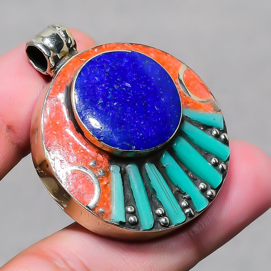 Lapis Lazuli Turquoise Coral Pendant Bahamas Tibetan Nepali Jewelry 1.7″ NP 2408