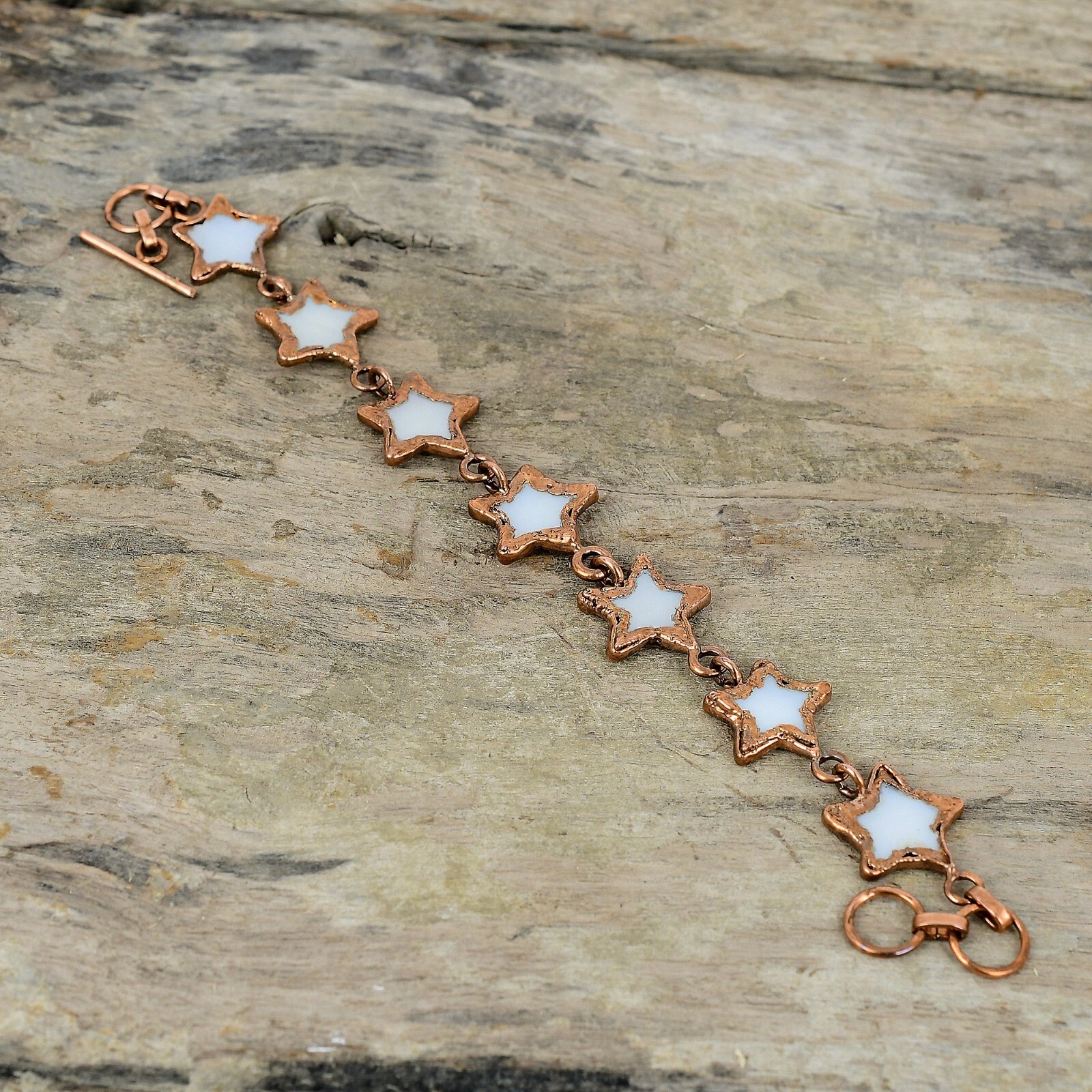 Copper Pentagon Mother Of Pearl Gemstone Electroformed And Star Chain Bracelet