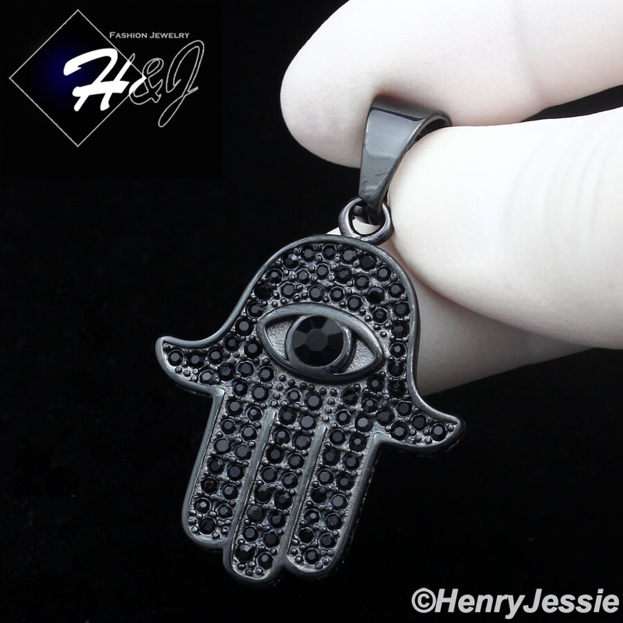 MEN Stainless Steel Icy Bling CZ Black Plated 3D Evil Eye Hamsa Hand Pendant*140
