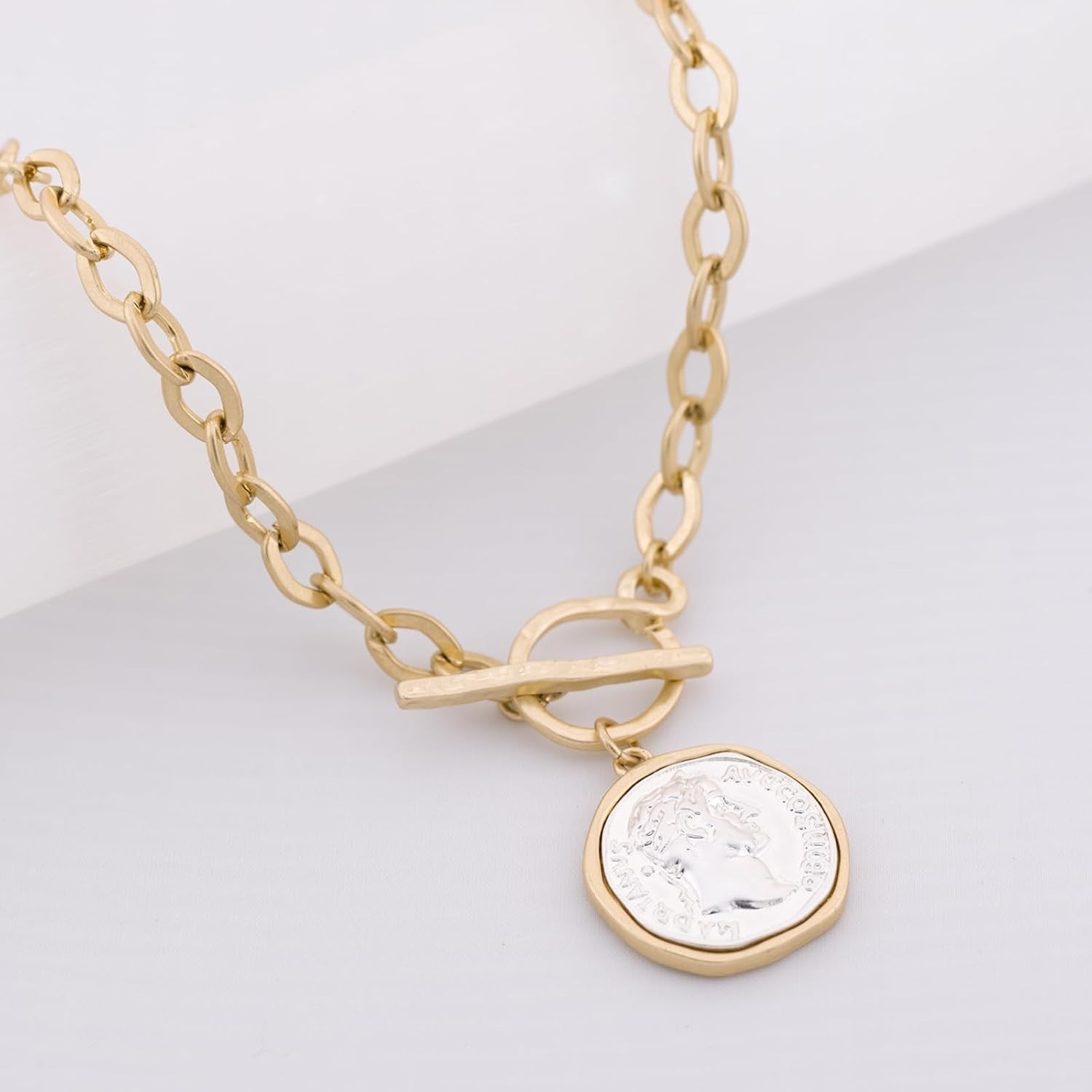 Chunky Coin Antique Gold Plated Thick Link Chain Layered Pendant Necklace for…