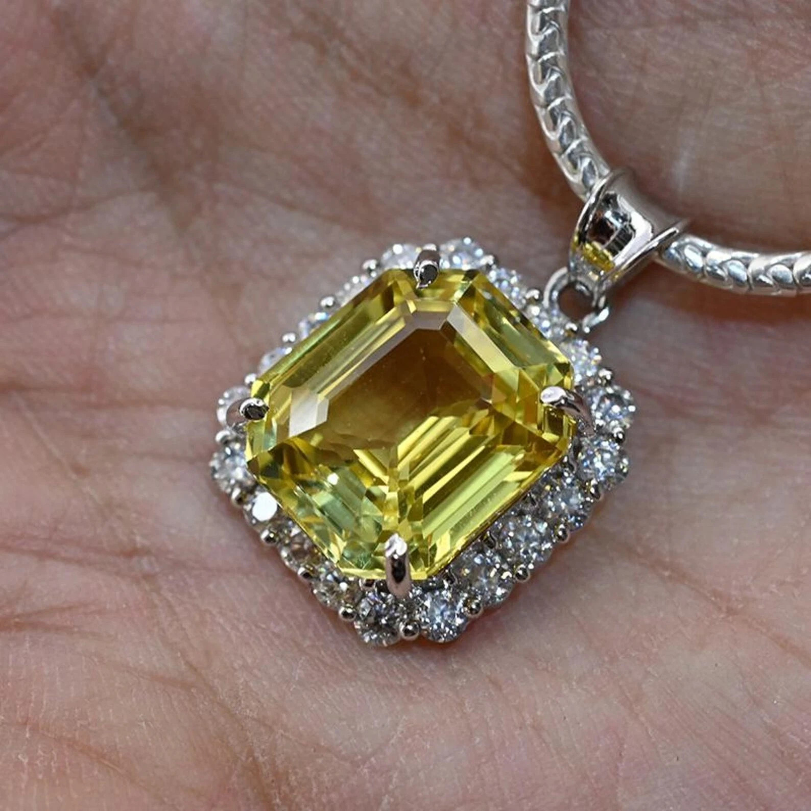 EGL Certified Emerald Cut Yellow Sapphire Pendant with Zircon Halo & Chain