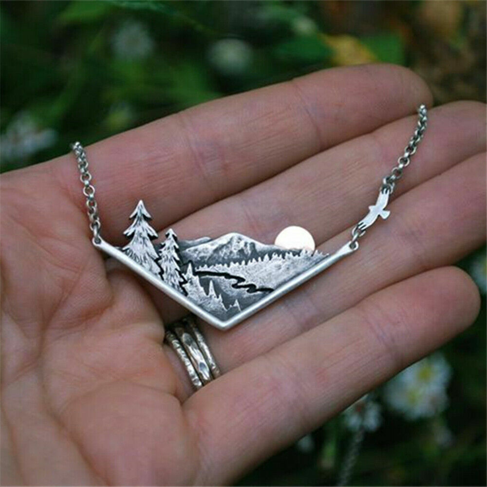 MOUNTAIN NATURE TREE SUN MOON pendant 20″ 22″ 925 Sterling Silver Necklace women