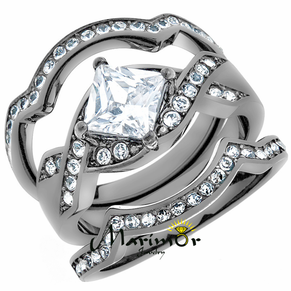 Women’s 2.2 Ct Princess Cut CZ Light Black Stainless Steel Wedding Ring Set