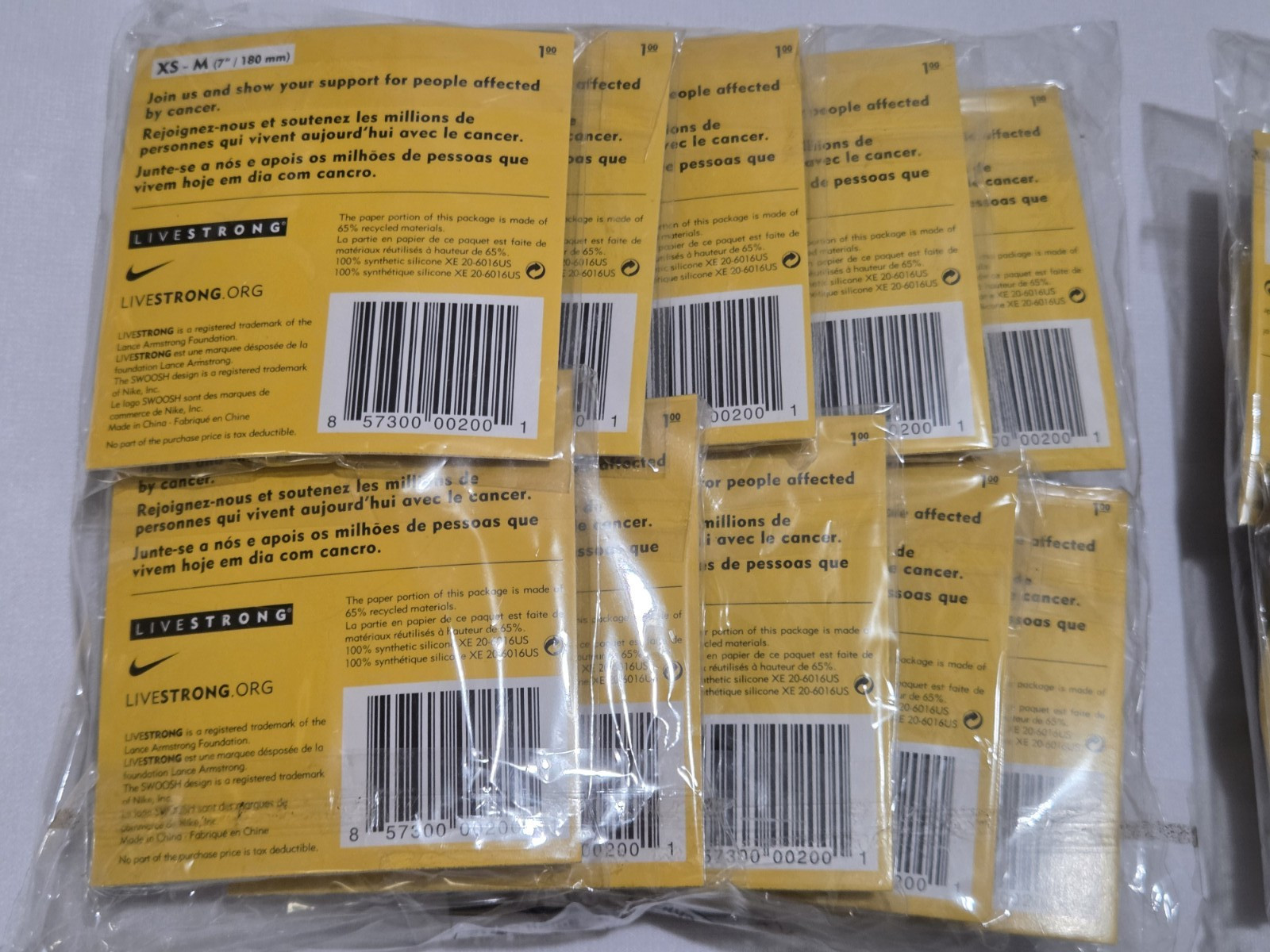 Lot of 20 – Nike Livestrong Bracelet – NEW – (Size XS – M) 7″/180 mm – XS – M