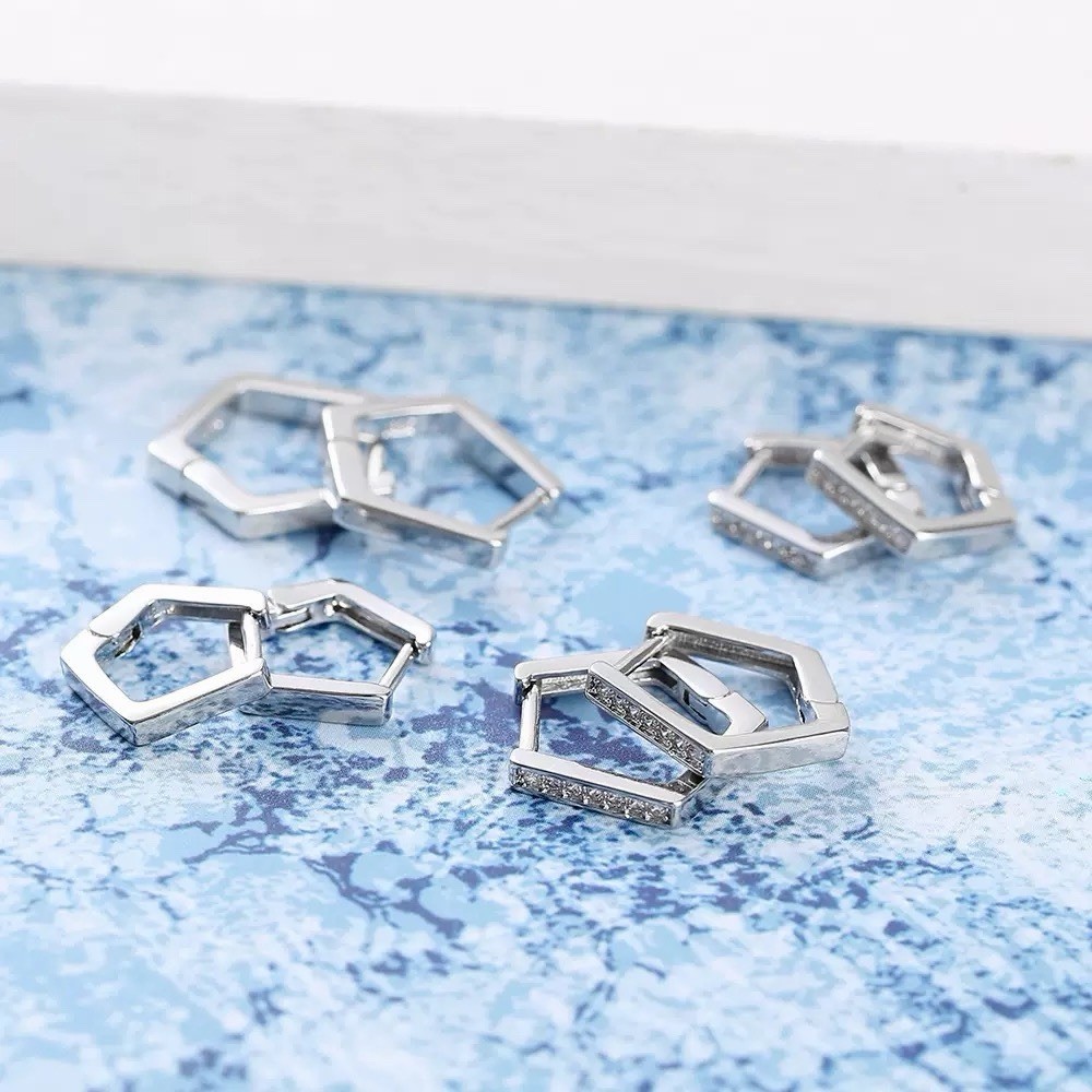 925 Silver Geometric Pentagon Huggie Hoop Earrings CZ Small Hoop Earrings 272