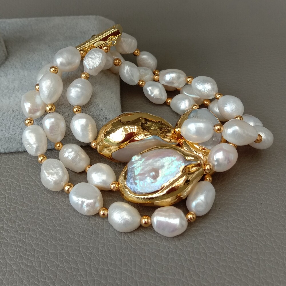 8” 3 Rows Cultured White Baroque Pearl White Keshi Pearl Bracelet