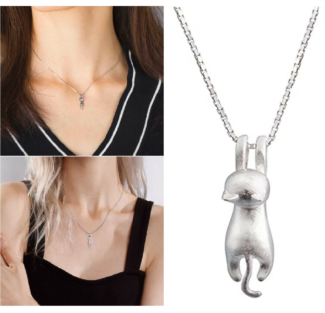 Sterling Silver Love Cute Cat Kitty Pendant Necklace 18″ Chain Women Gift USA