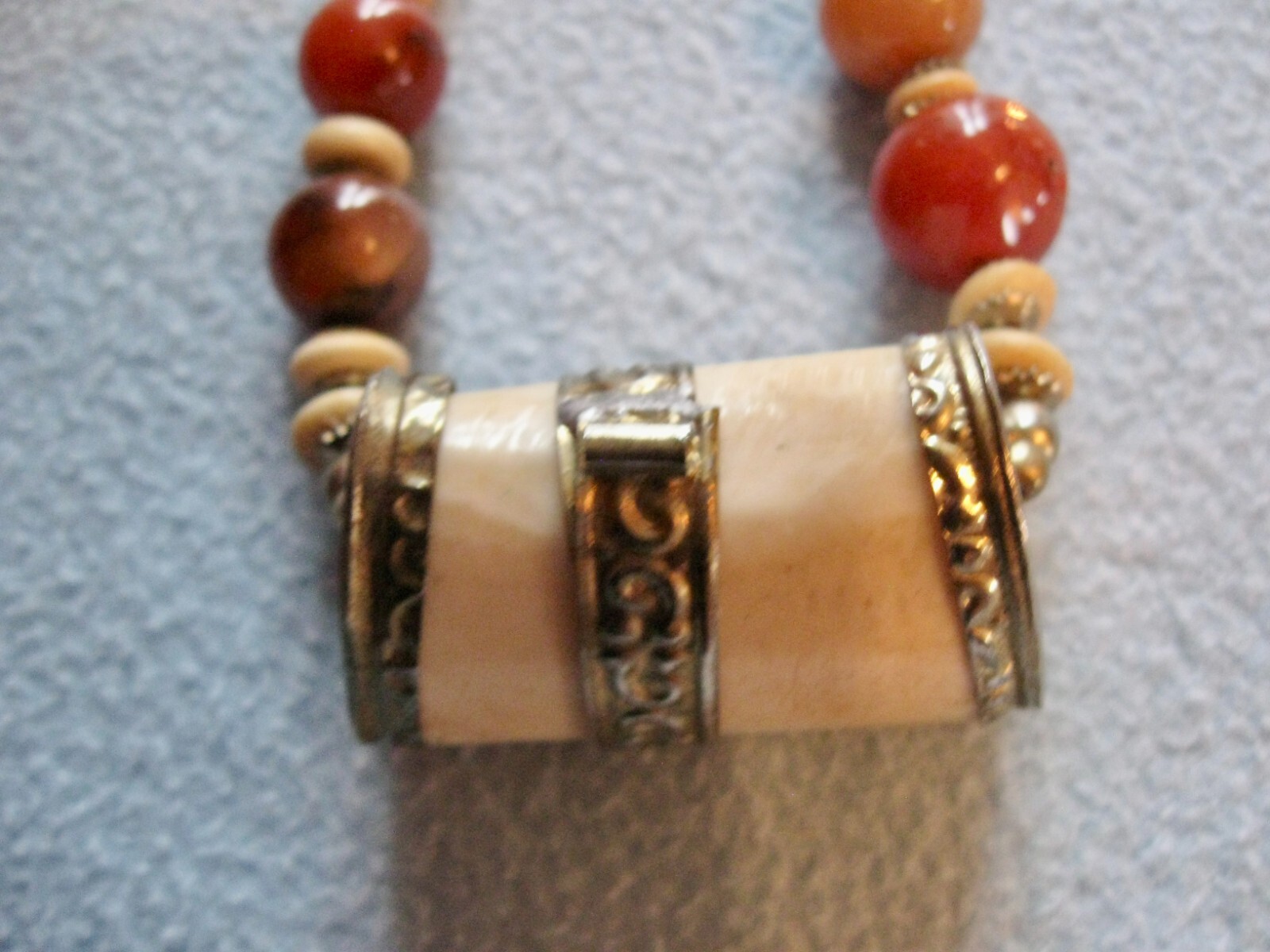 Chunky Artisan Made Statement Necklace w/Bone? Pendant; 10 1/2″ w/Pendant Drop