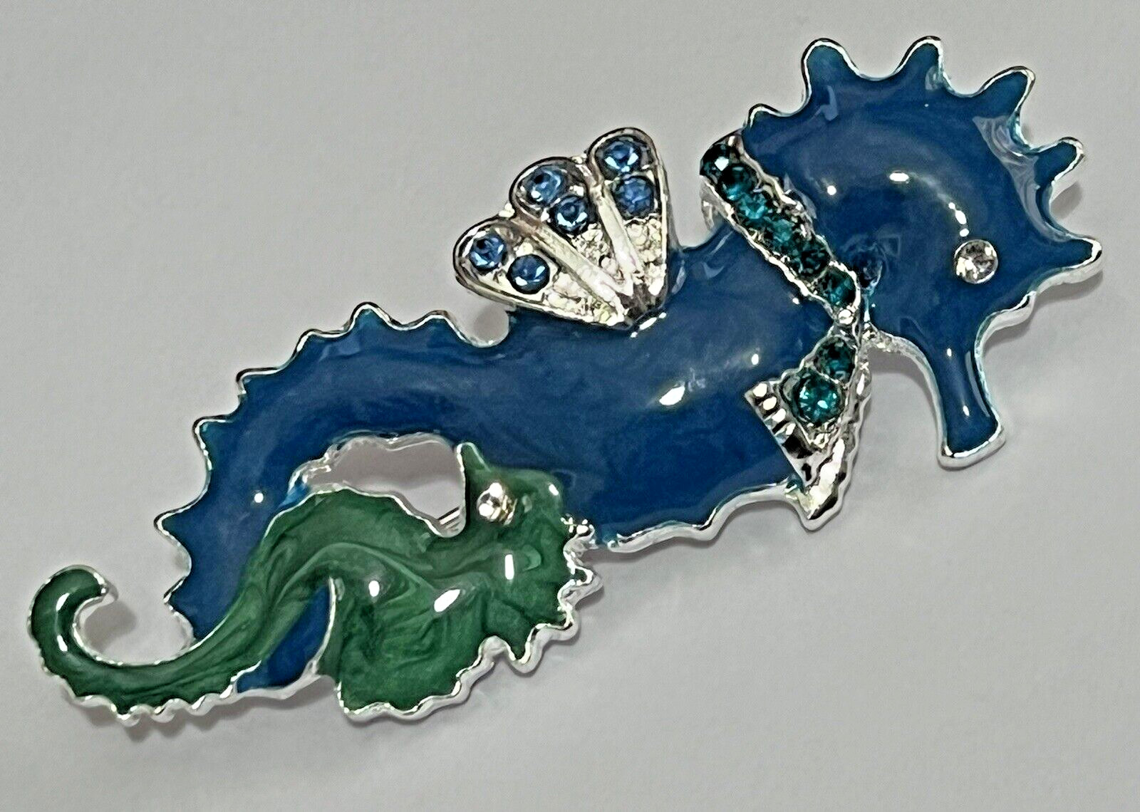Crystal Rhinestone Seahorse Brooch LOT Pin Glass Vintage Sea Horse Blue Green