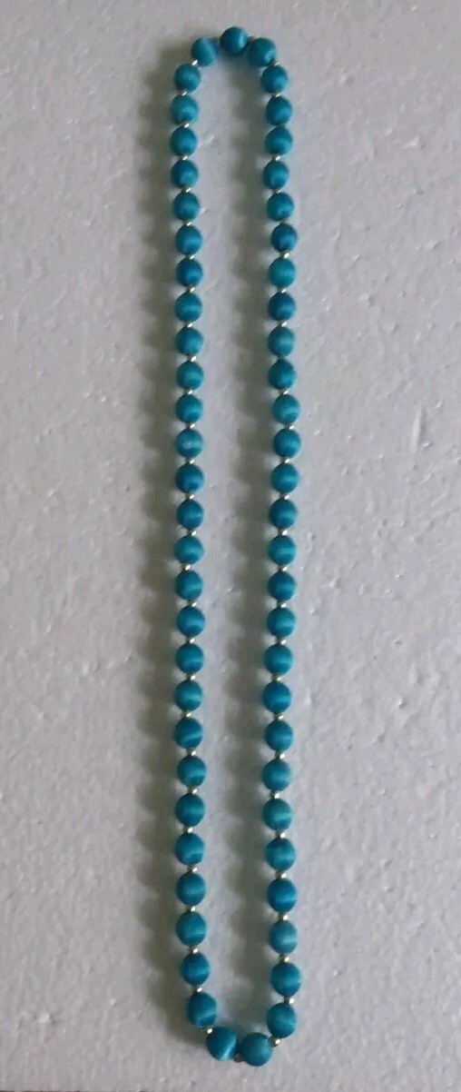3 Necklaces Made W/ Silk Satin Thread Over Round Beads 28″ In Teal, Navy & Brown