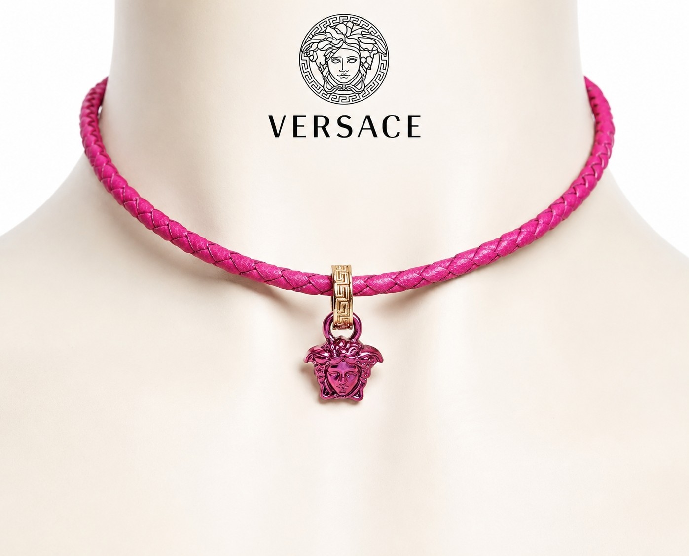 Versace Medusa Head Pendant Pink Leather Necklace $625 NWT, Card, Box, Gift Bag