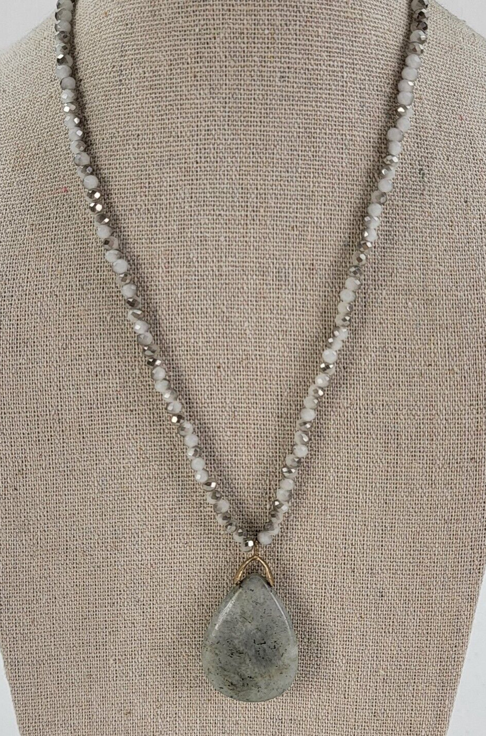 Gray Stone Teardrop Pendant Shiny Rondelle Glass Beaded Necklace 35 in