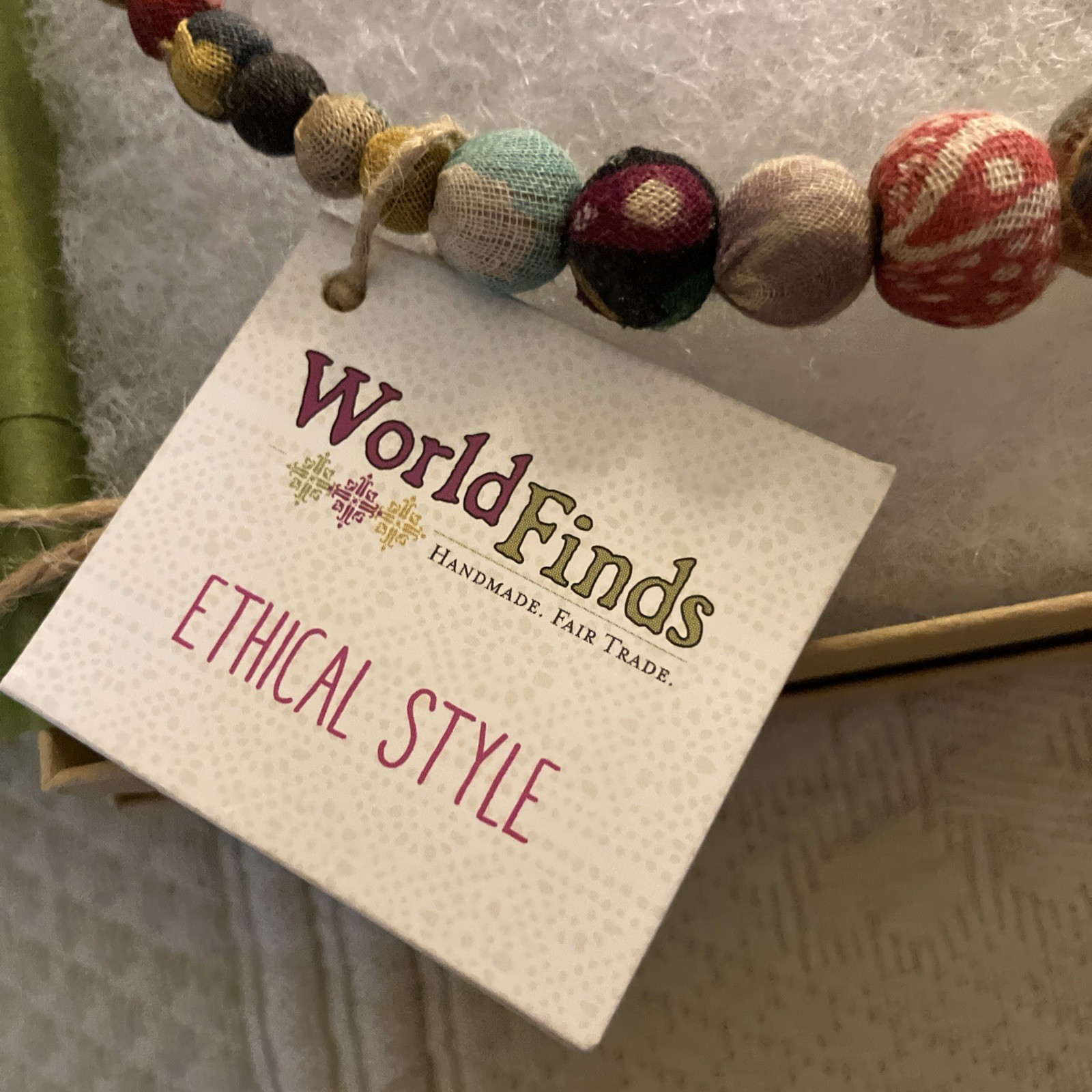 World Finds Fabric Covered Beaded Choker Strand Necklace w/ Tag 74540 Fair Trade