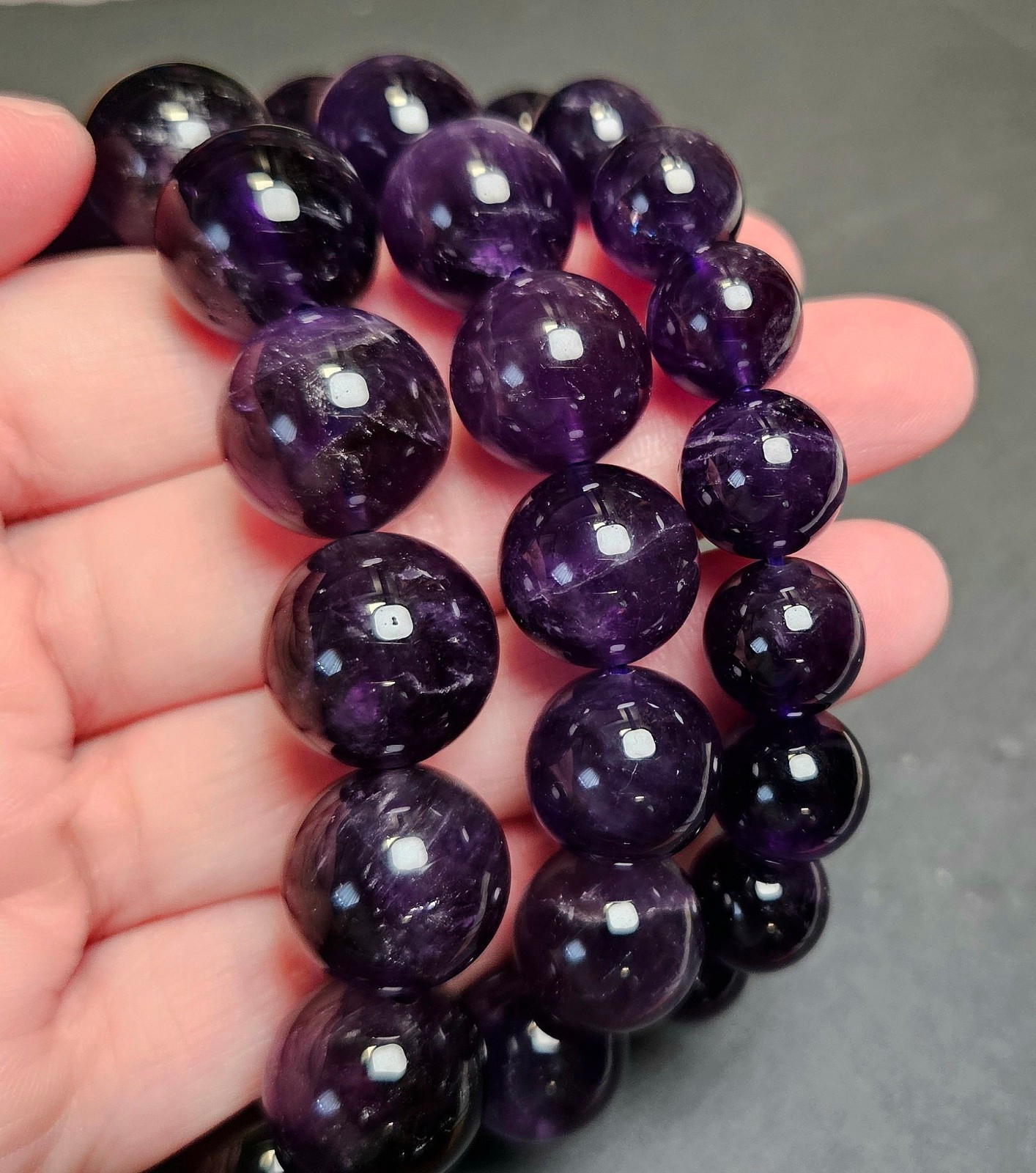 Dark Amethyst Purple Quartz Bead Bracelet – Natural Gemstone Jewelry 7mm – 15mm
