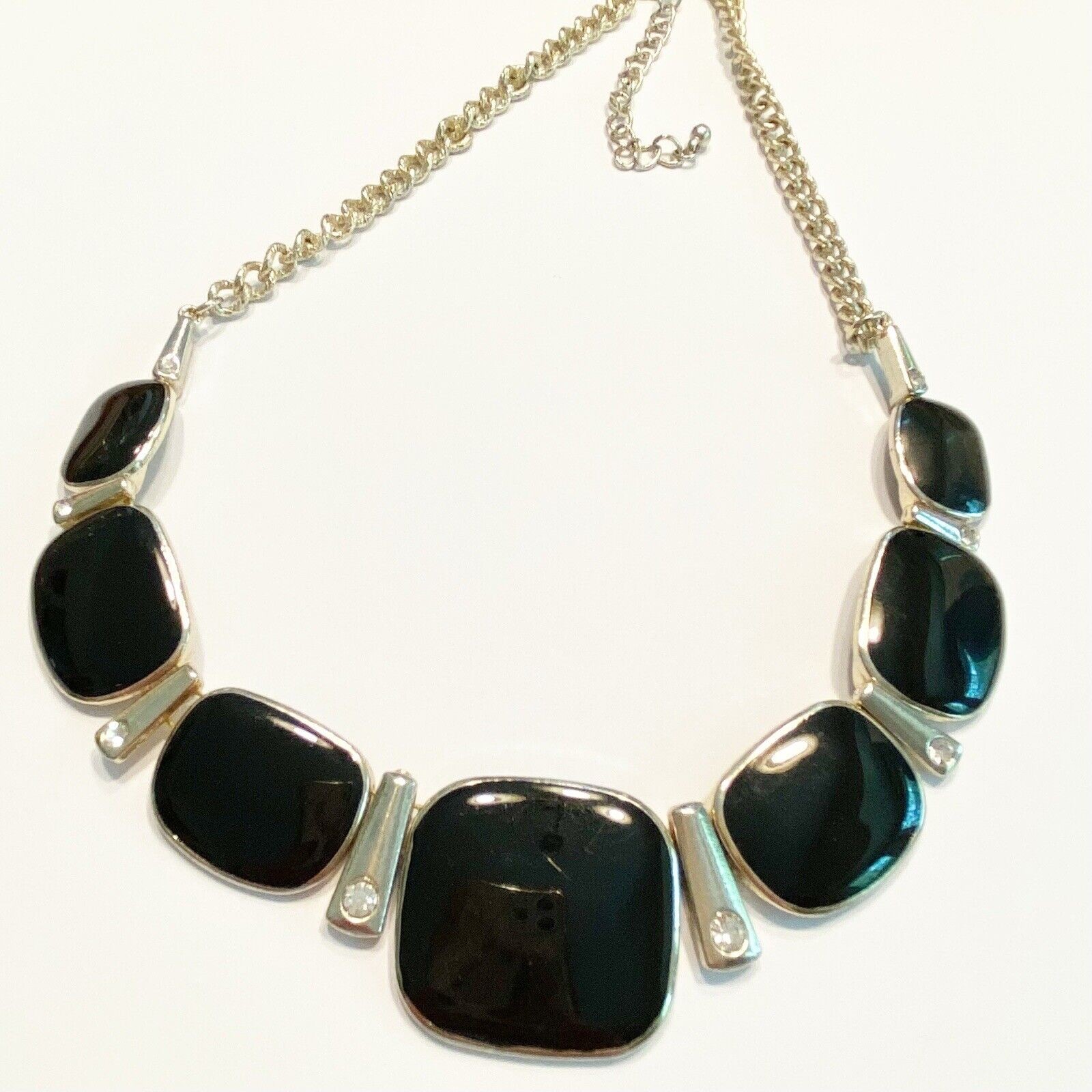 Black Enamel Necklace on Silvertone Collar Bib Mod Y2K Rhinestones Retro Classic