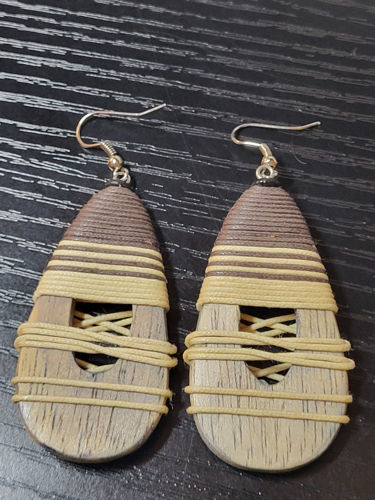 Tribal Tear Drop Dangle 3 inch Earrings Wood Wrap Brown Tan Women’s Jewelry Boho