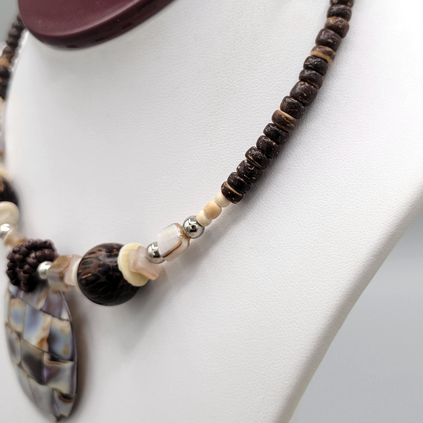 Brown & Beige Beaded Memory Wire Necklace Abalone Spacers Shiny Resin Pendant