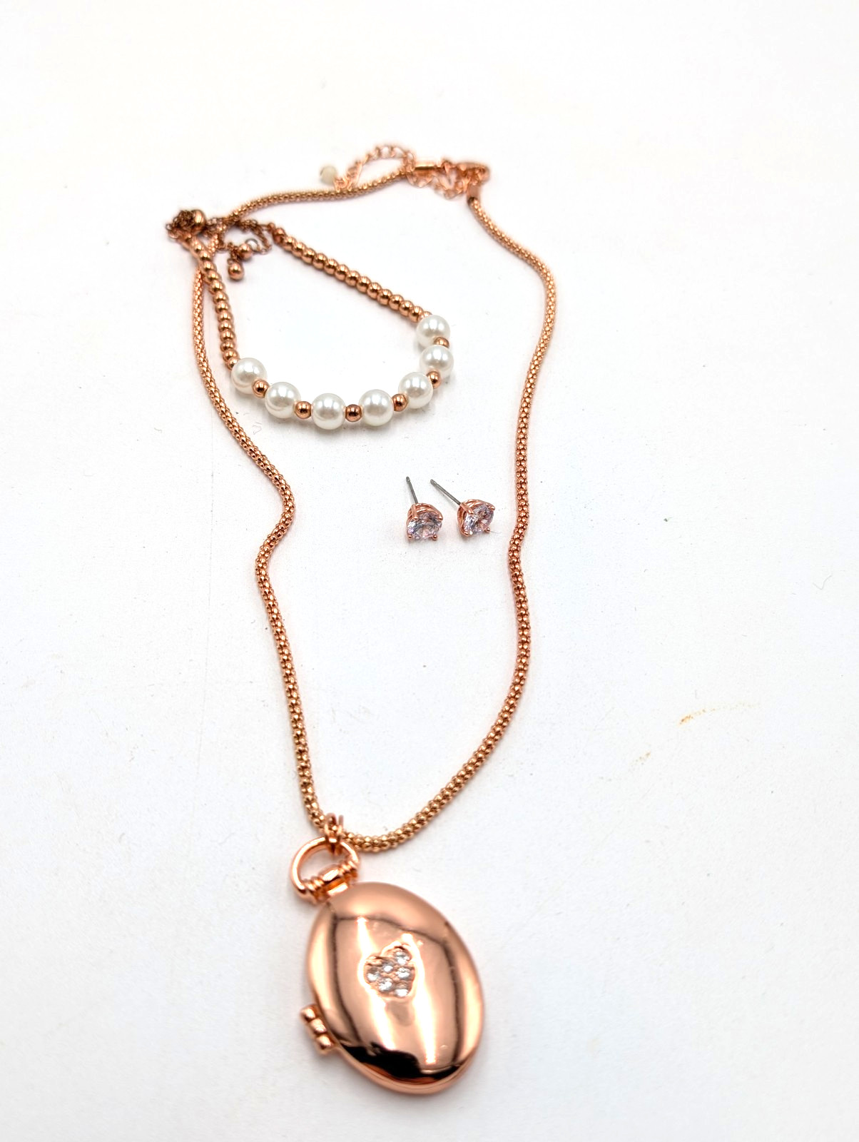 Avon Rose Gold Tone Heart Solid Perfume Locket Necklace with Bracelet & earrings