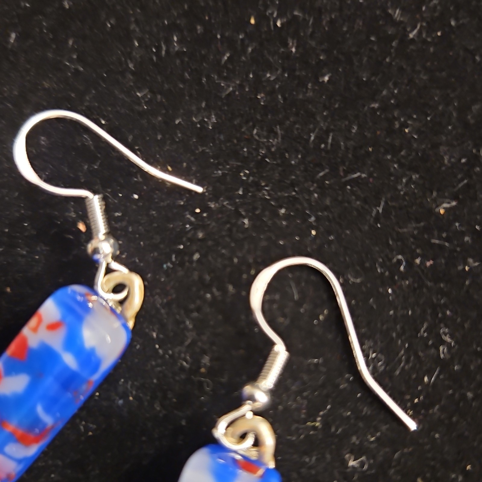Blue Rectangle Glass & Metal Dangle/Drop Earrings Hook Closure With Stone