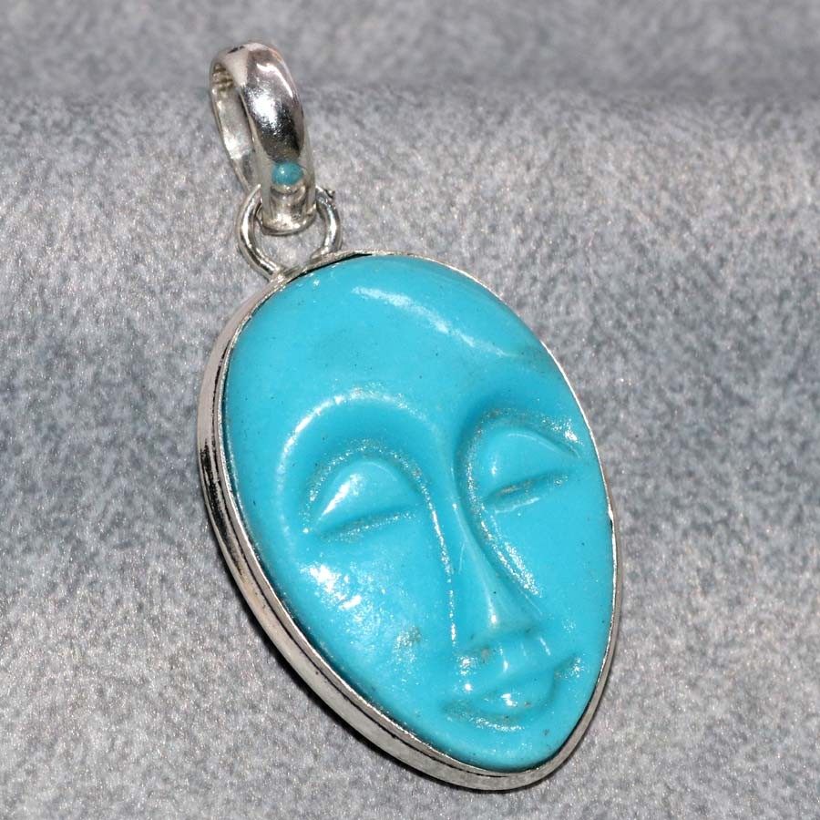 925 Silver Plated Carved Face Blue Agate Pendant 1.7″ Promise Gift for women MJ