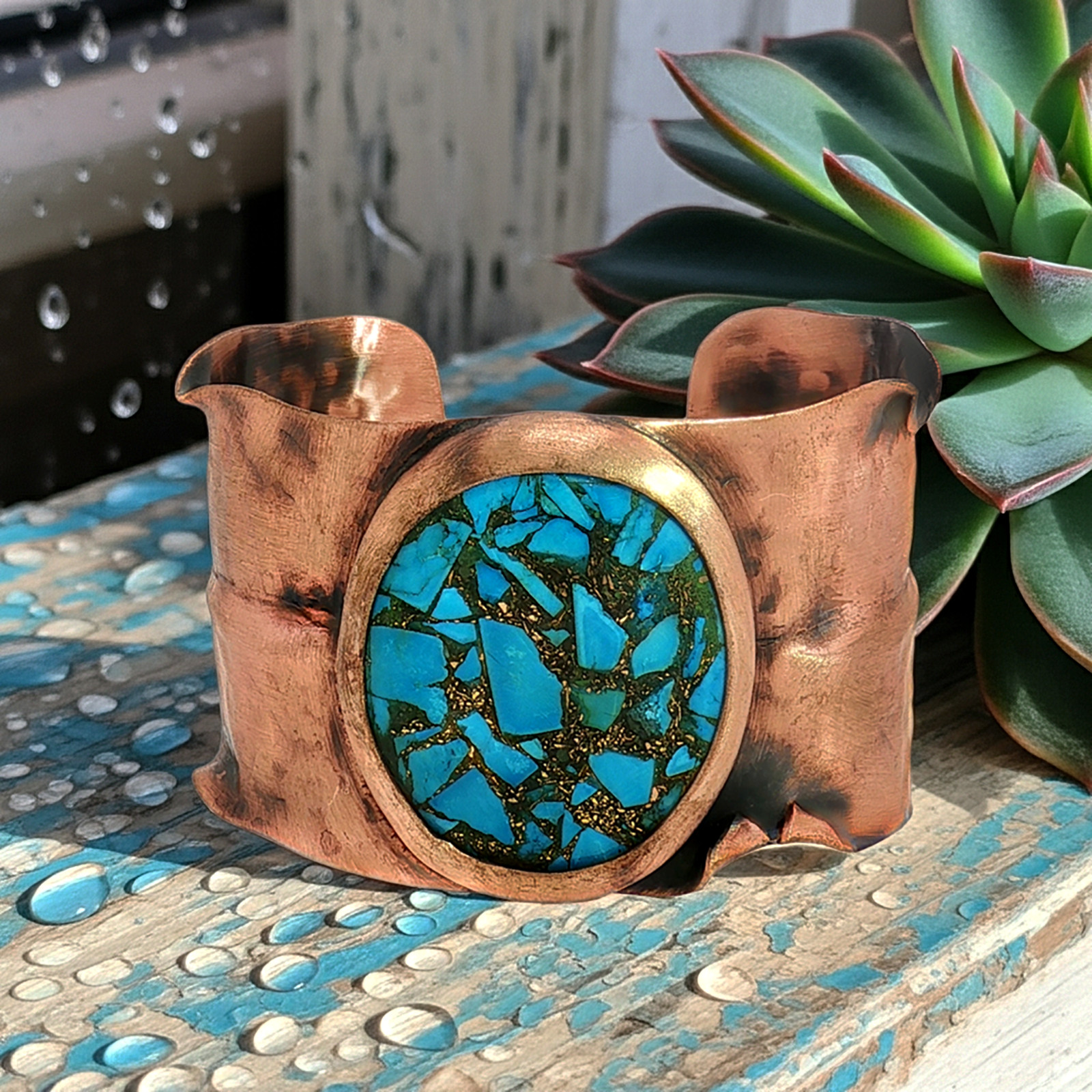Copper Cuff Bracelet Handcrafted Rustic Antique Finish Turquoise Stone