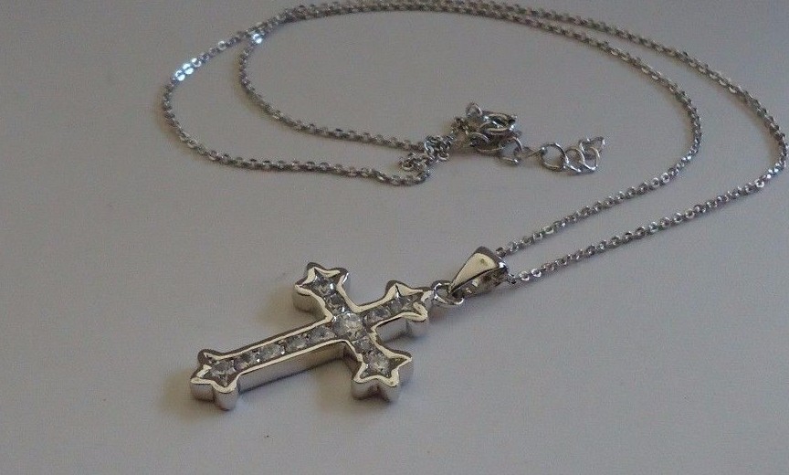 CROSS NECKLACE PENDANT 1 CT LAB CREATED DIAMONDS / 925 STERLING SILVER / 17”