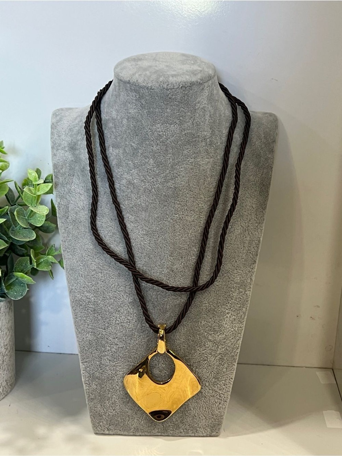 Gold Pendant Necklace on Brown Cord