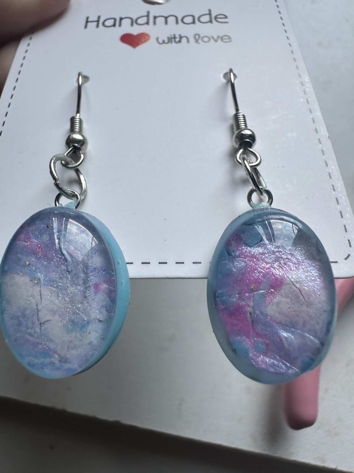 Blue Purple Resin Oval Dangle/Drop Hook Earrings for Lobe Piercing, Handmade
