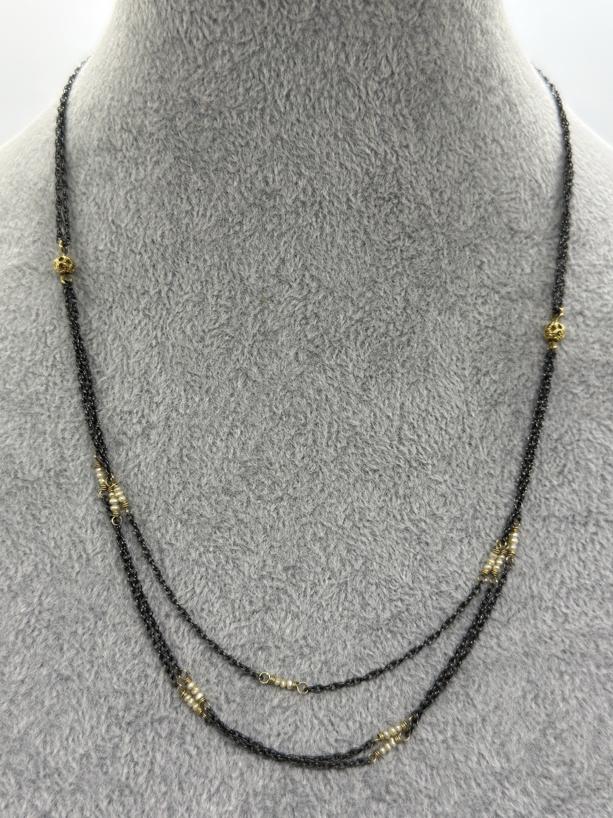 14K Gold Filled Black Chain Necklace with 1mm Pearls 17-18″