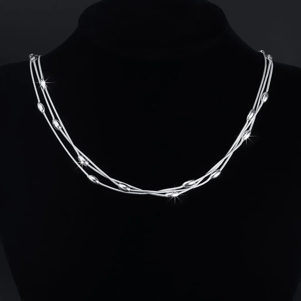 Charms Bead Necklace 925 Sterling Silver Classic Link Chain Women Jewelry