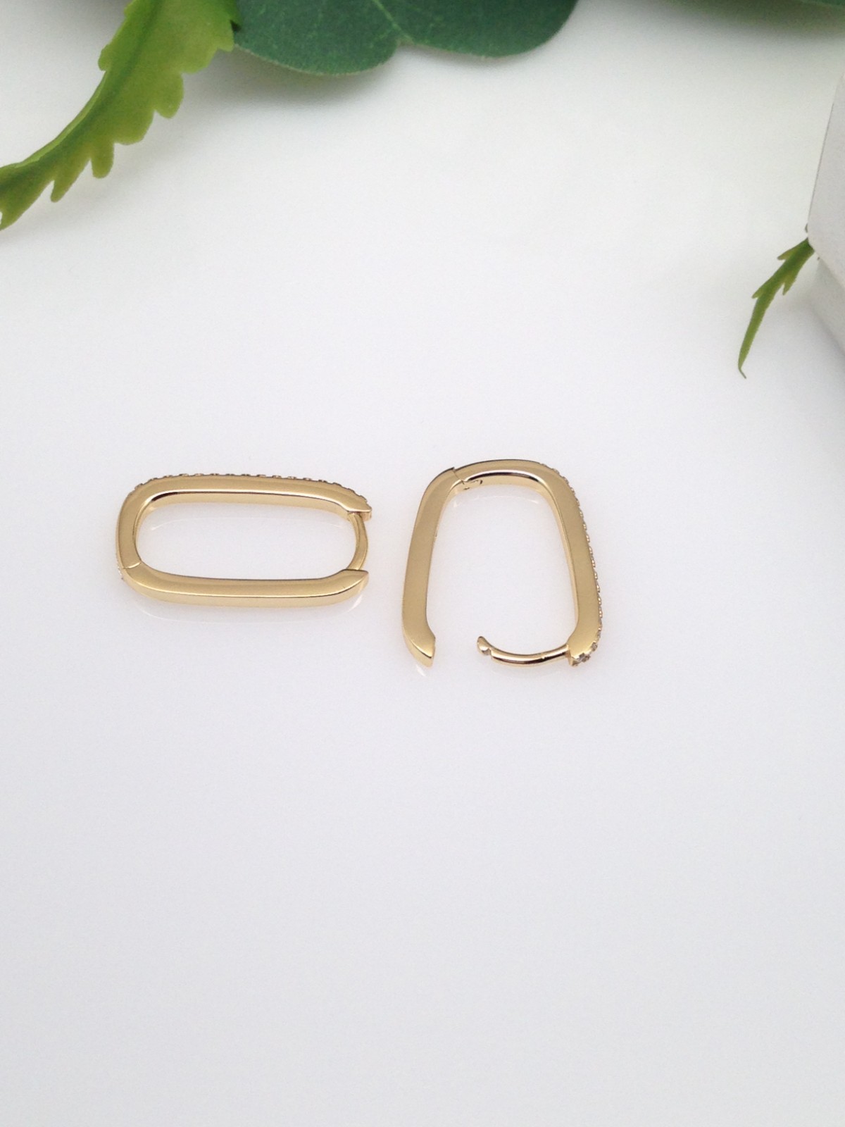 925 Sterling Silver CZ Gold Rectangle U Hoop Earrings Men Women 19mm/17mm x1.4mm