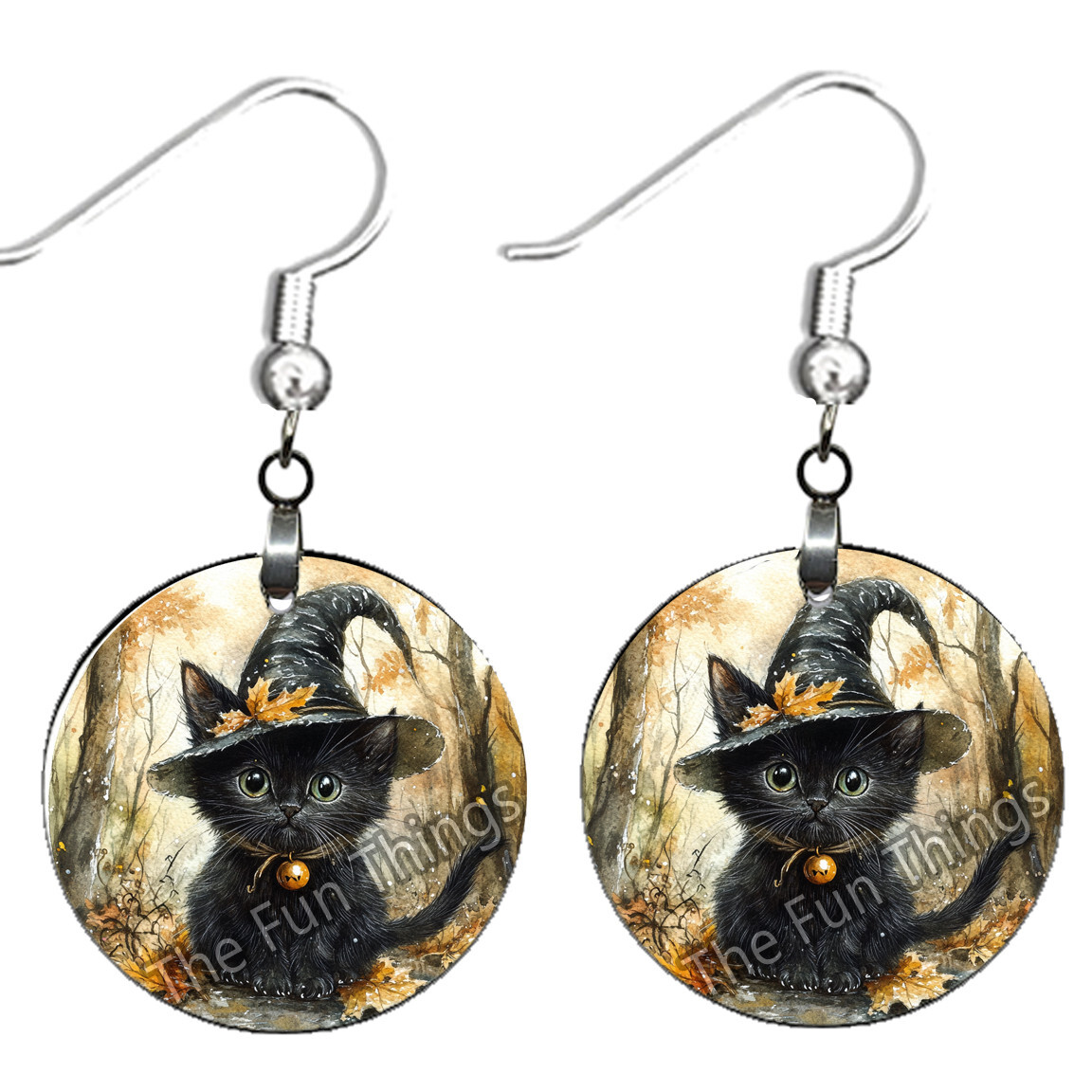 Black Cat Witch Hat Halloween Earrings NO TARNISH Wood Dangle Autumn Jewelry