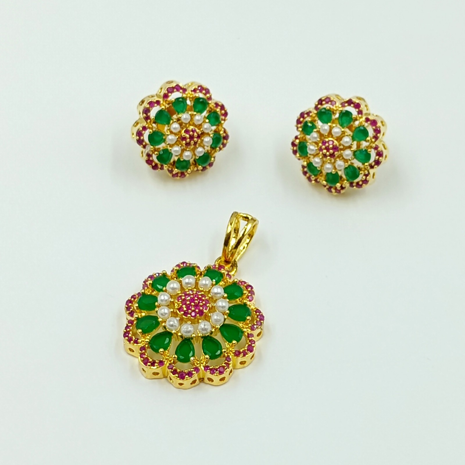 Ruby Emerald Pearl Pendant Set 22k Gold Plated Traditional South Indian