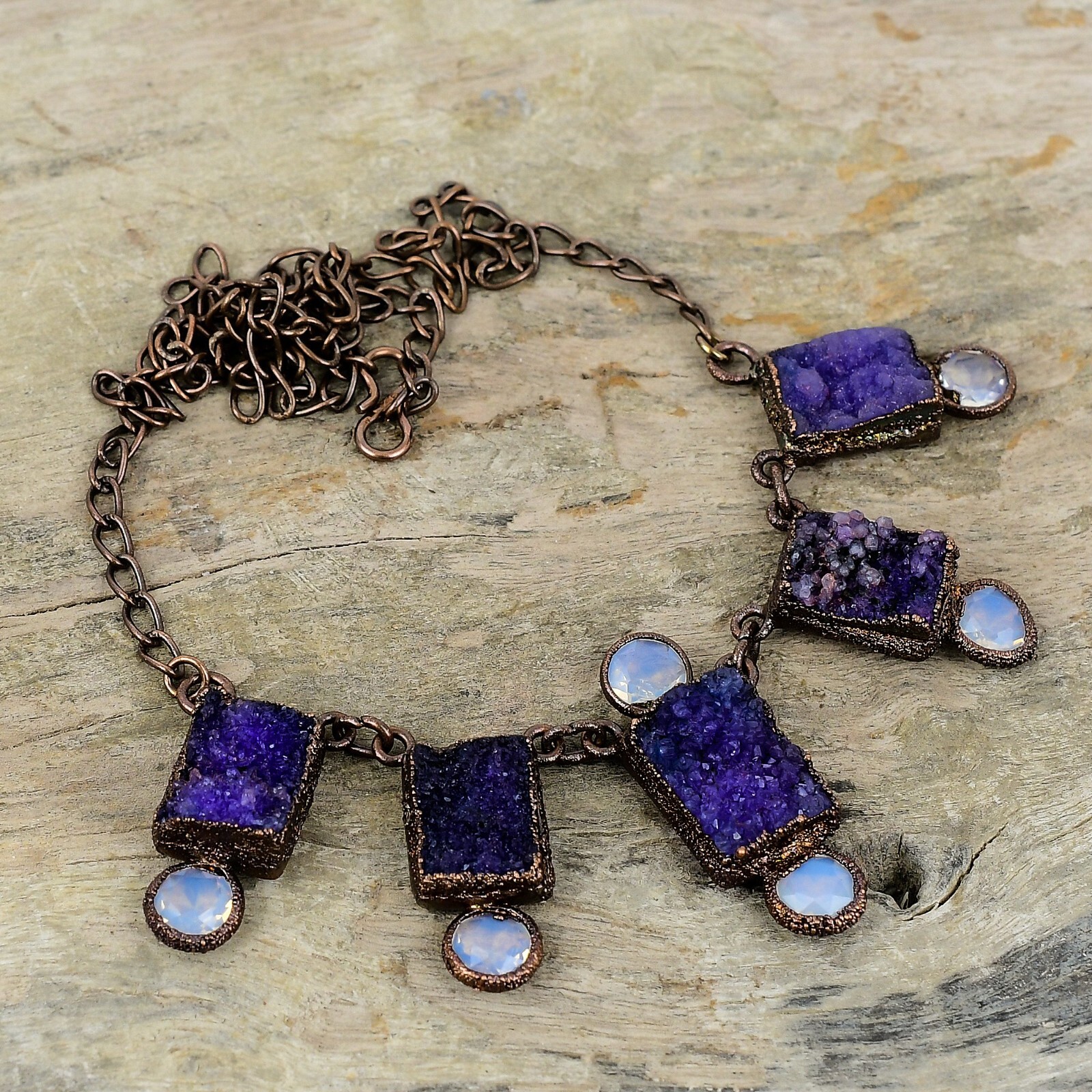 Purple Druzy Copper Friend Gift Electroformed Chain Adjustable Necklace 18.0″
